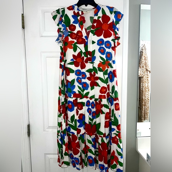entro Dresses & Skirts - Entro Floral Tiered Midi Dress - White with Red, Blue & Green Floral Print